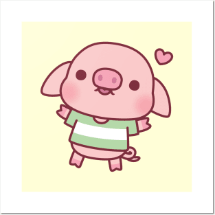 Cute Little Pig In Green Tshirt Posters and Art